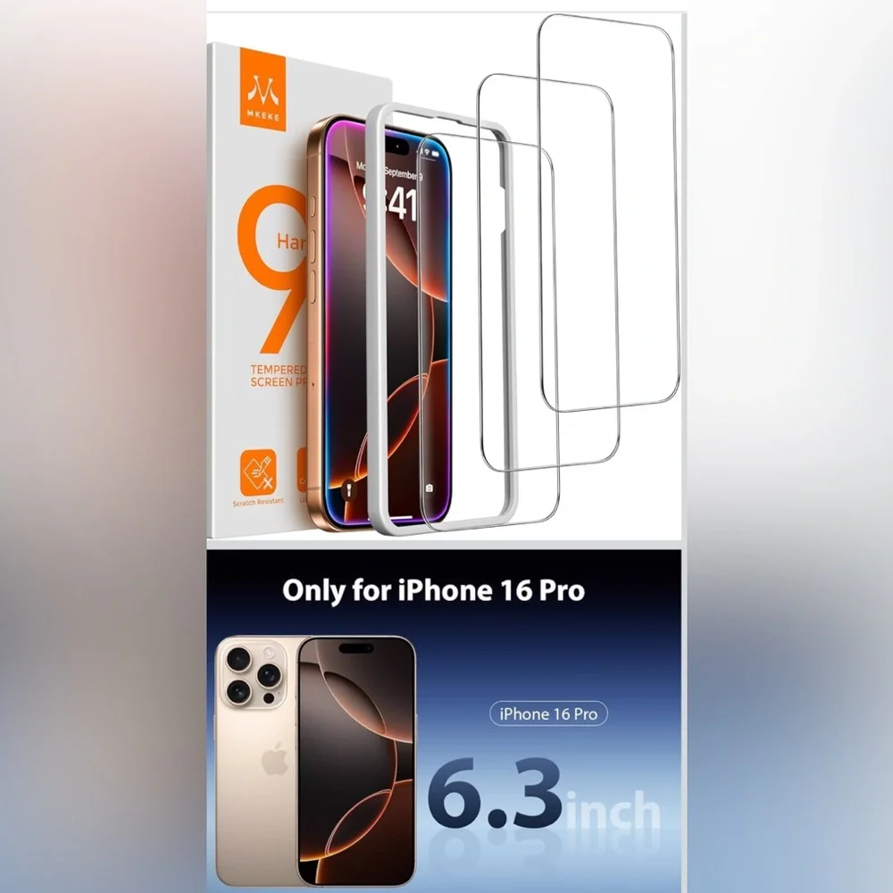 Mkeke Screen Protector for iPhone 16 Pro, 3 Pack Tempered Glass [9H Hardness]